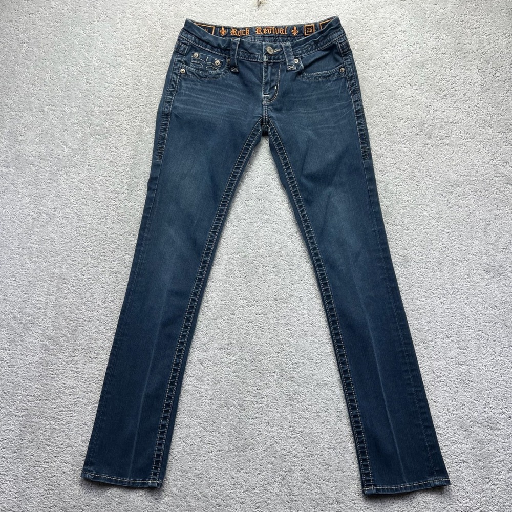 Rock Revival Jeans Women 26 Blue Dark Wash Anaheim Straight Low Rise Embroidered